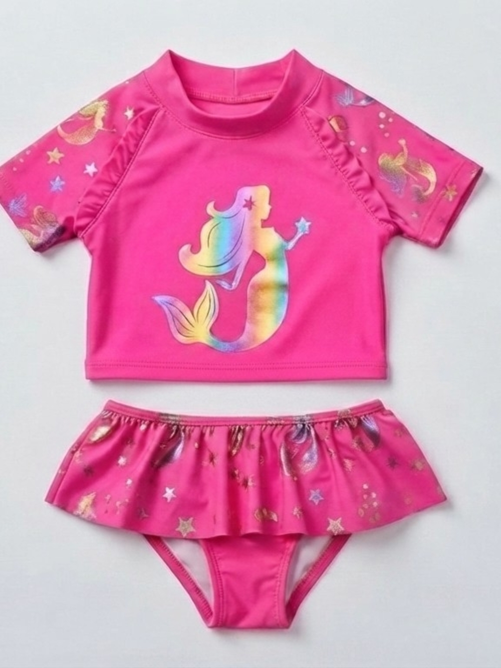 Girls' Pink Mermaid Short-Sleeve Rashguard Bikini Set